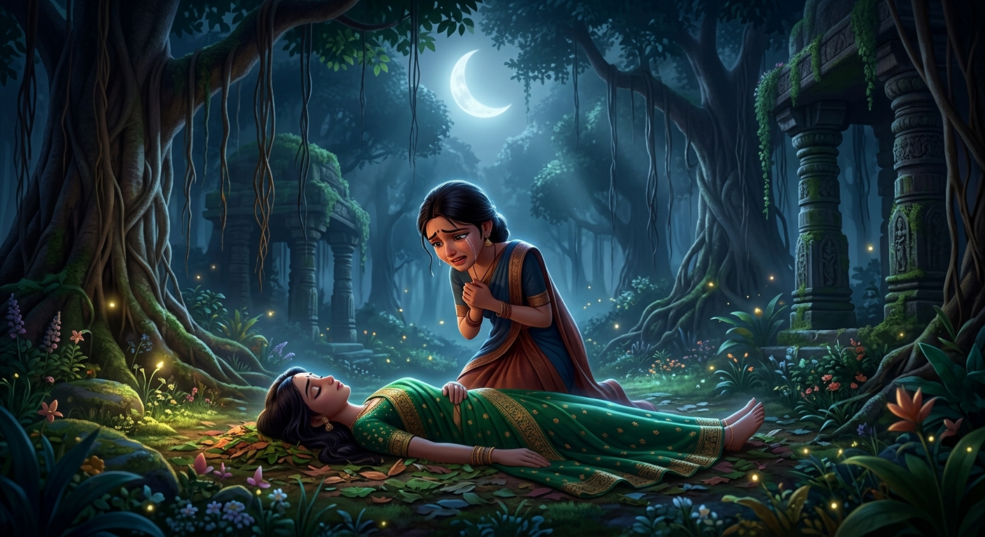 [AI Prompt: Wide shot, distraught maid kneeling beside the lifeless body of Anangamanjari, wailing in despair under the moonlit forest canopy]