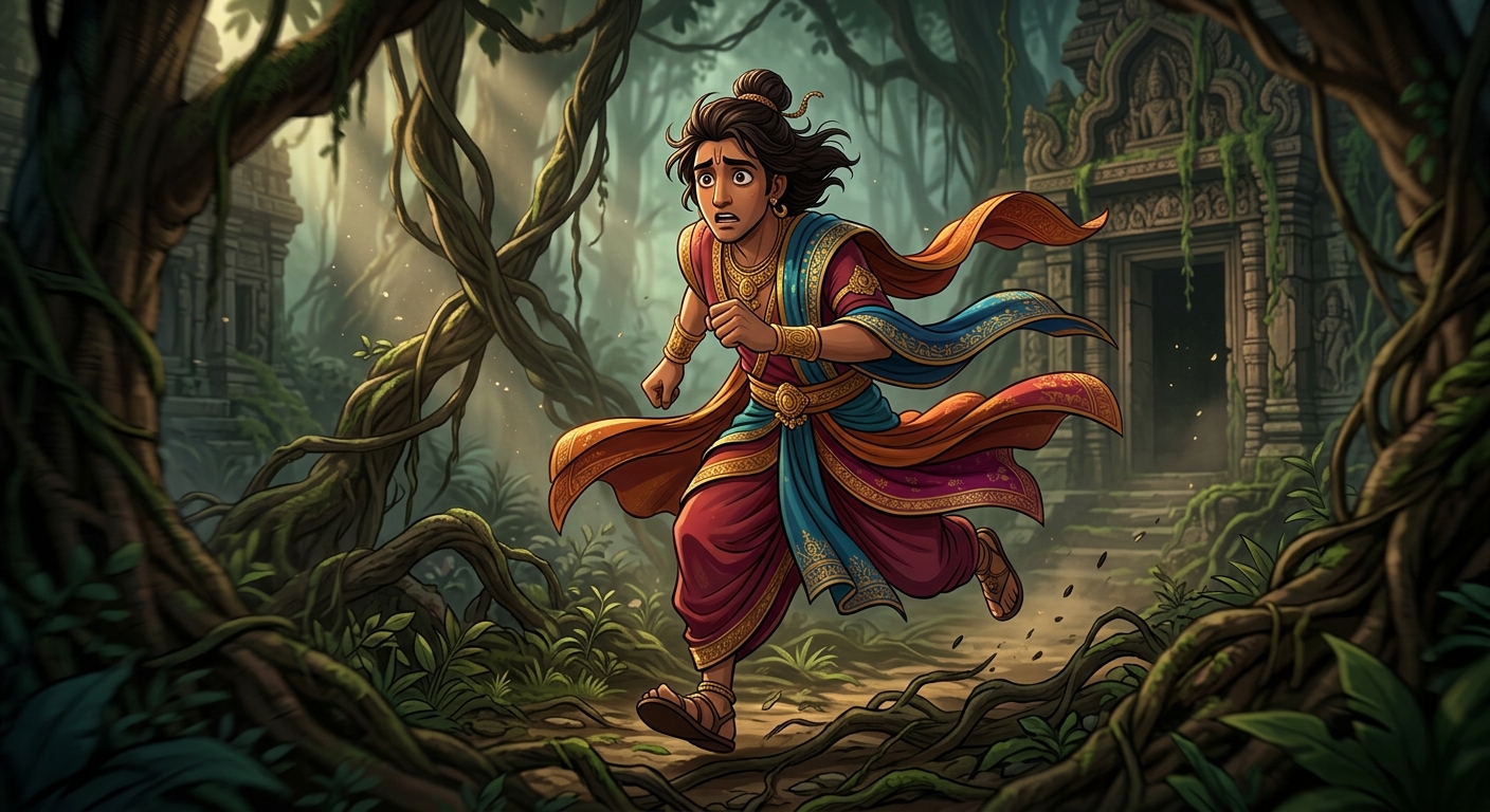 [AI Prompt: Medium shot, Manivarma rushing frantically through tangled forest vines, eyes wide with ominous premonition, dynamic windblown robes]