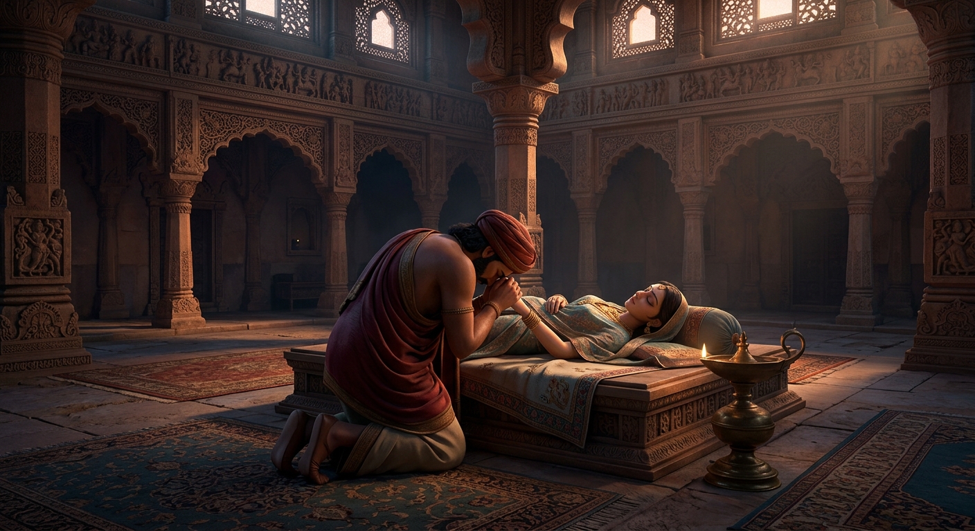 [AI Prompt: High angle dramatic shot, Manivarma kneeling beside Anangamanjari's body, touching her cold hand, expression of total shattering devastation]