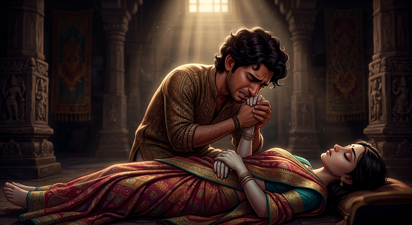 [AI Prompt: Tragic close-up, Manivarma clasping her dead hands to his forehead, his own heart rupturing from sheer unbearable grief, collapsing across her body]