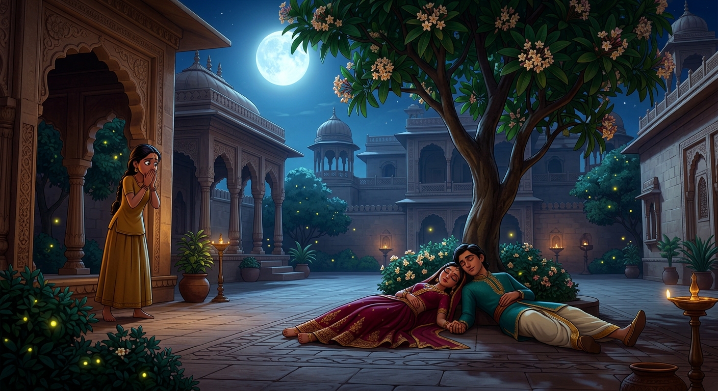 [AI Prompt: Wide panoramic shot, two young lovers lying dead side by side under the blooming tree, the maid frozen in terrified silence beneath the moonlight]