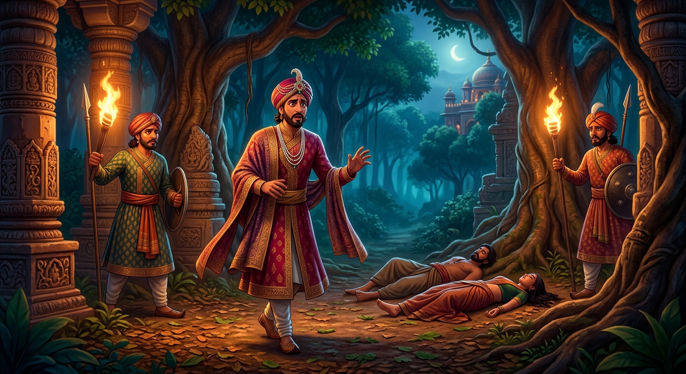 [AI Prompt: Medium shot, noble husband Manorathasiddhi entering the grove with palace guards and torches, witnessing the two corpses on the ground]