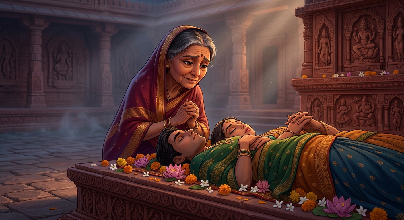 [AI Prompt: Powerful emotional shot, Manorathasiddhi looking upon the dead lovers not with anger but with profound noble compassion and reverence]