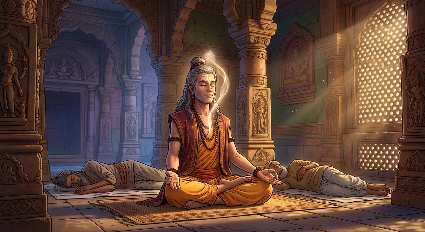 [AI Prompt: Spiritual dramatic panel, Manorathasiddhi sitting in yogic posture beside the two corpses, drawing his life-breath up into the crown chakra, voluntarily relinquishing his mortal body]