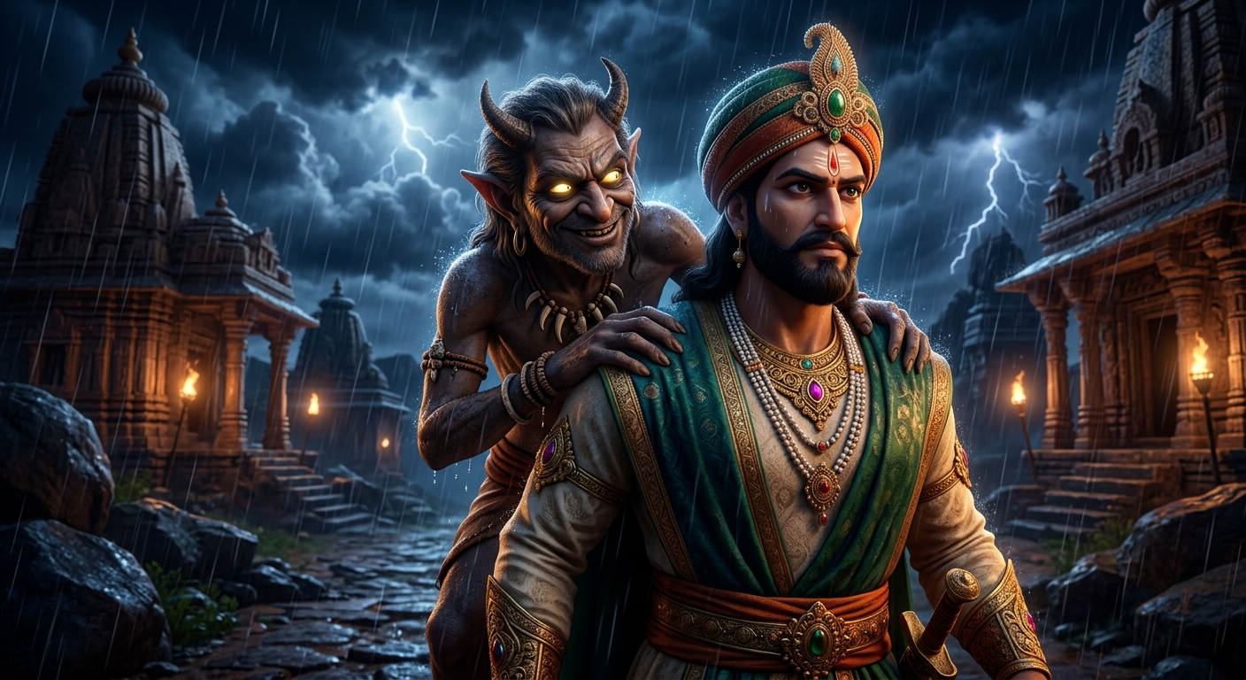 [AI Prompt: Close-up of Betal with glowing supernatural eyes grinning slyly while perched on Vikramaditya's shoulder in the midnight storm]