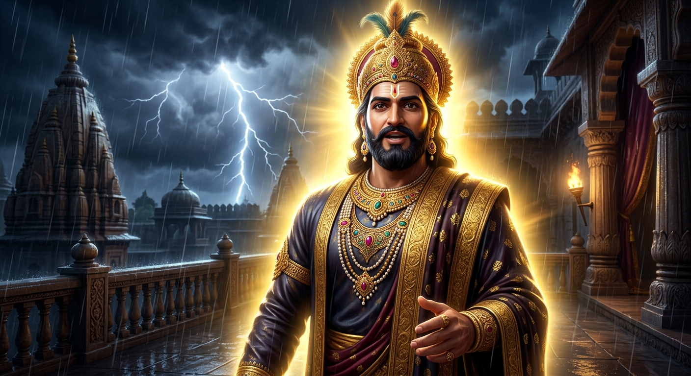 [AI Prompt: Majestic close-up of Emperor Vikramaditya speaking with calm authority, golden aura of Dharma shining in the dark storm]