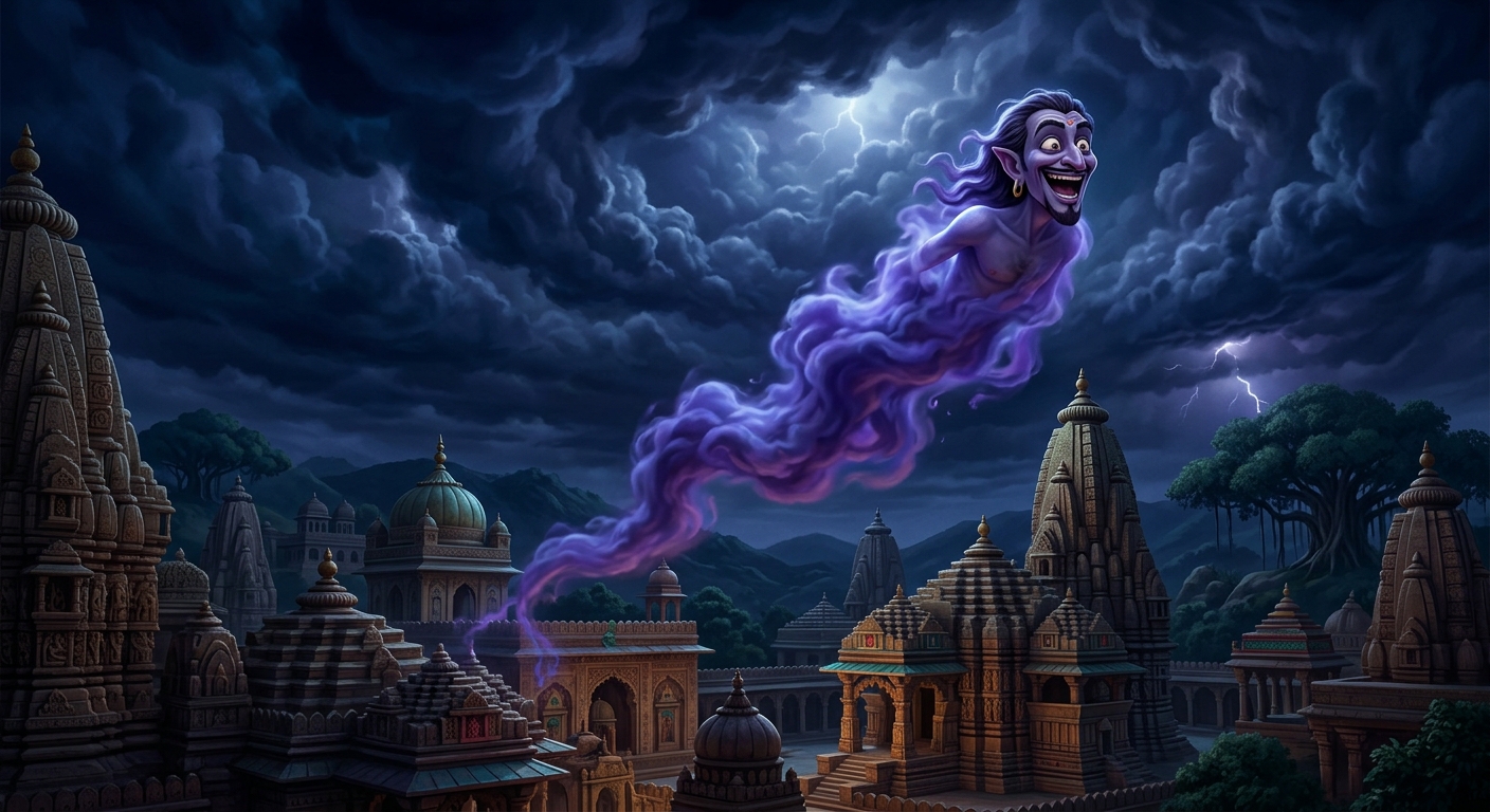 [AI Prompt: Dynamic action shot, Betal cackling wildly as his ghost form dissolves into billowing violet smoke, soaring high into the stormy midnight sky]