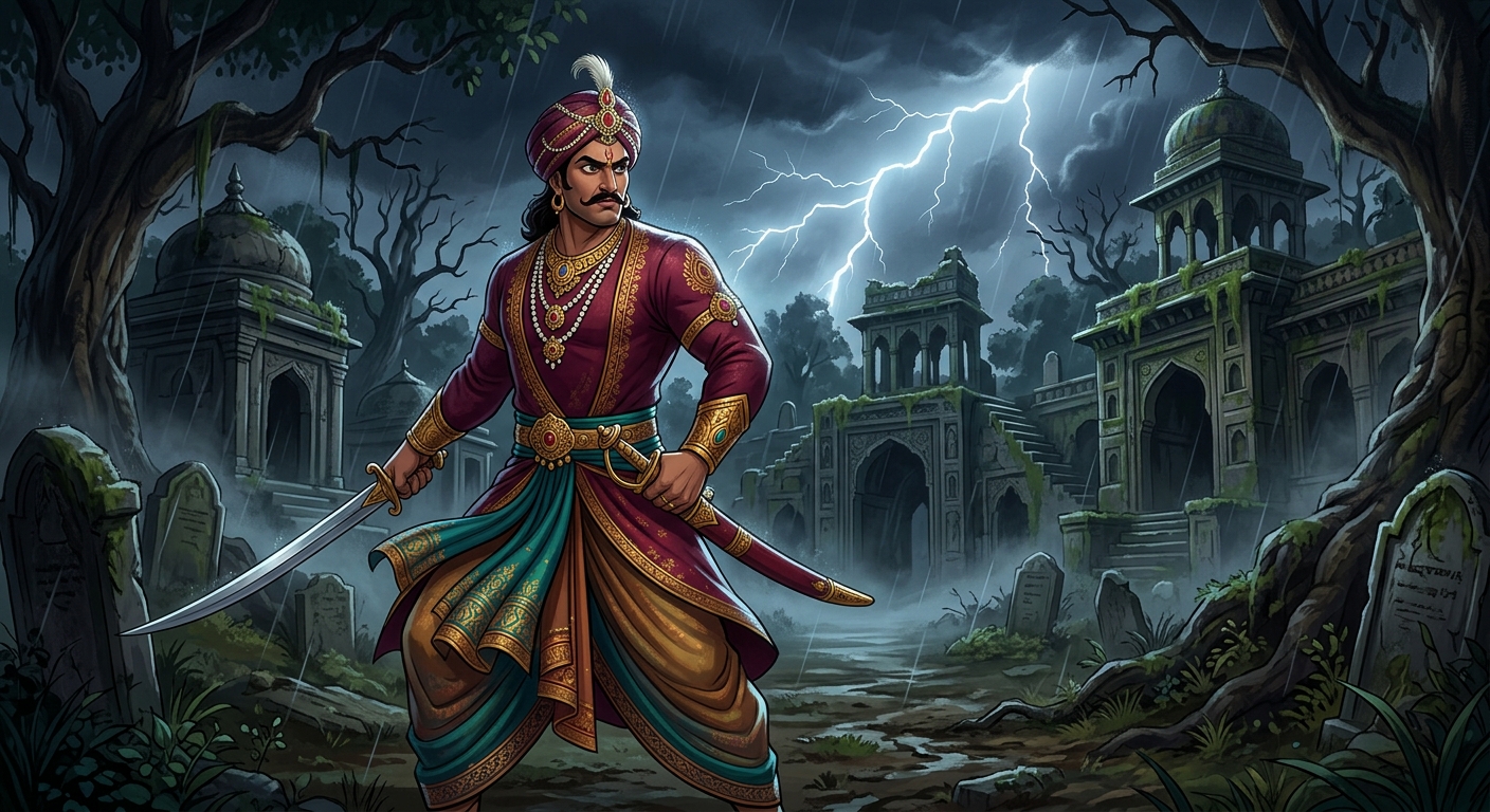 [AI Prompt: Wide shot, King Vikramaditya drawing his sword, turning back into the dark cemetery with iron resolve under flashing lightning]