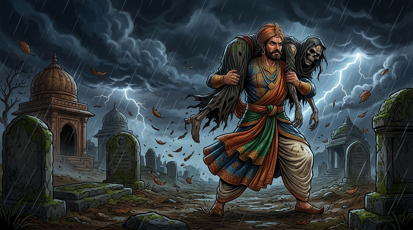 [AI Prompt: Cinematic wide angle, stormy cemetery with howling wind and swirling leaves, King Vikramaditya carrying the corpse Betal across his shoulders with iron determination, dark fantasy Indian comic art style]