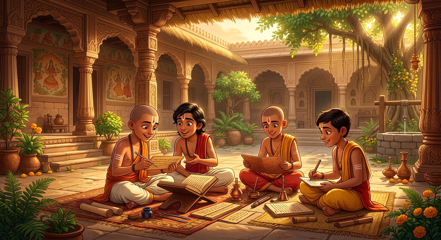 [AI Prompt: Wide interior shot, four young Brahman scholars sitting in a Gurukula courtyard with palm-leaf manuscripts and copper instruments, golden morning light]