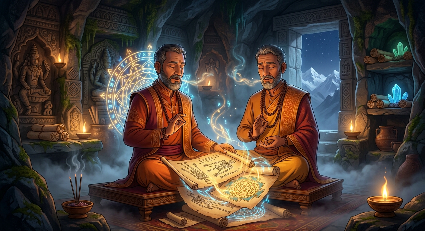 [AI Prompt: Mystic laboratory cave in the Himalayas, the eldest brother chanting over skeletal diagrams and ancient geometric mandalas, glowing runic energy]