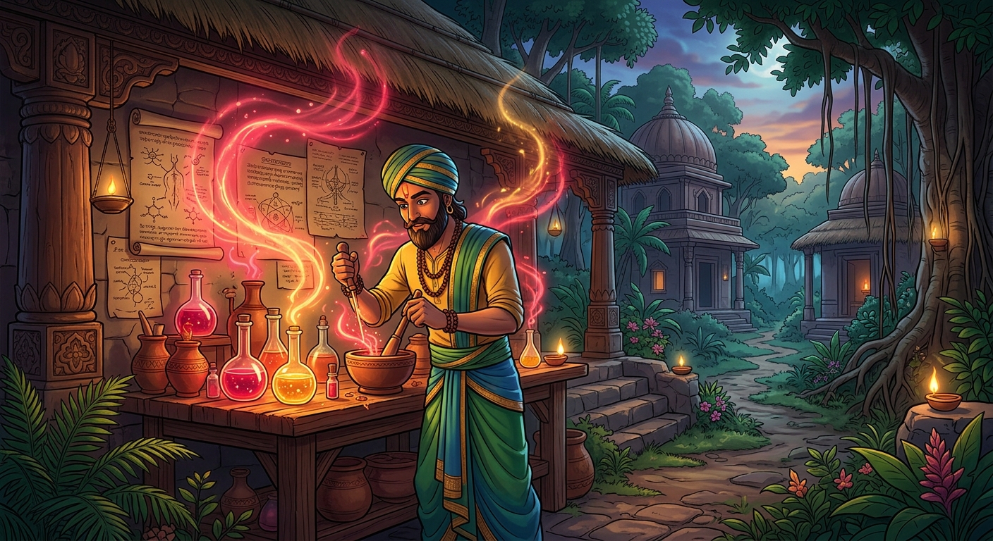 [AI Prompt: Forest hermitage in the East, the second brother mixing rare herbal alchemical elixirs, glowing crimson and golden aura over biological formulas]