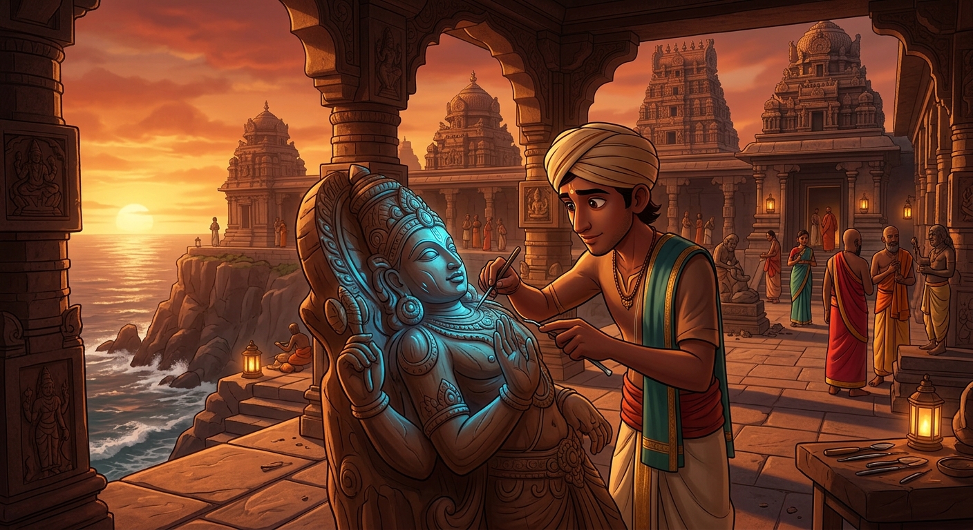 [AI Prompt: Southern coastal temple cliff, third brother carving intricate sensory channels and sculpting organic limbs and eyes, mystical blue light]