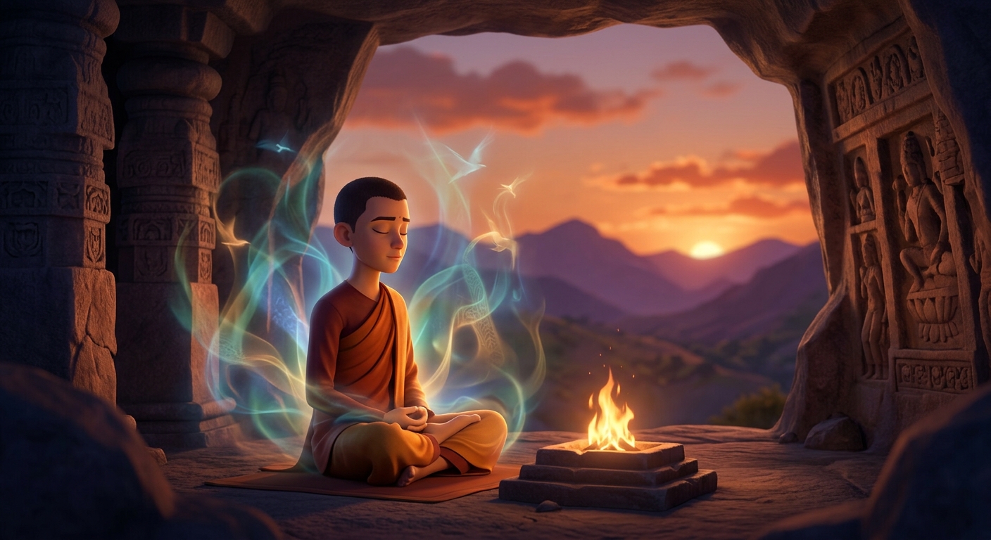 [AI Prompt: Western mountain caves at sunset, fourth brother in deep Samadhi meditation surrounded by glowing Pranic life-auras and sacred Vedic fires]