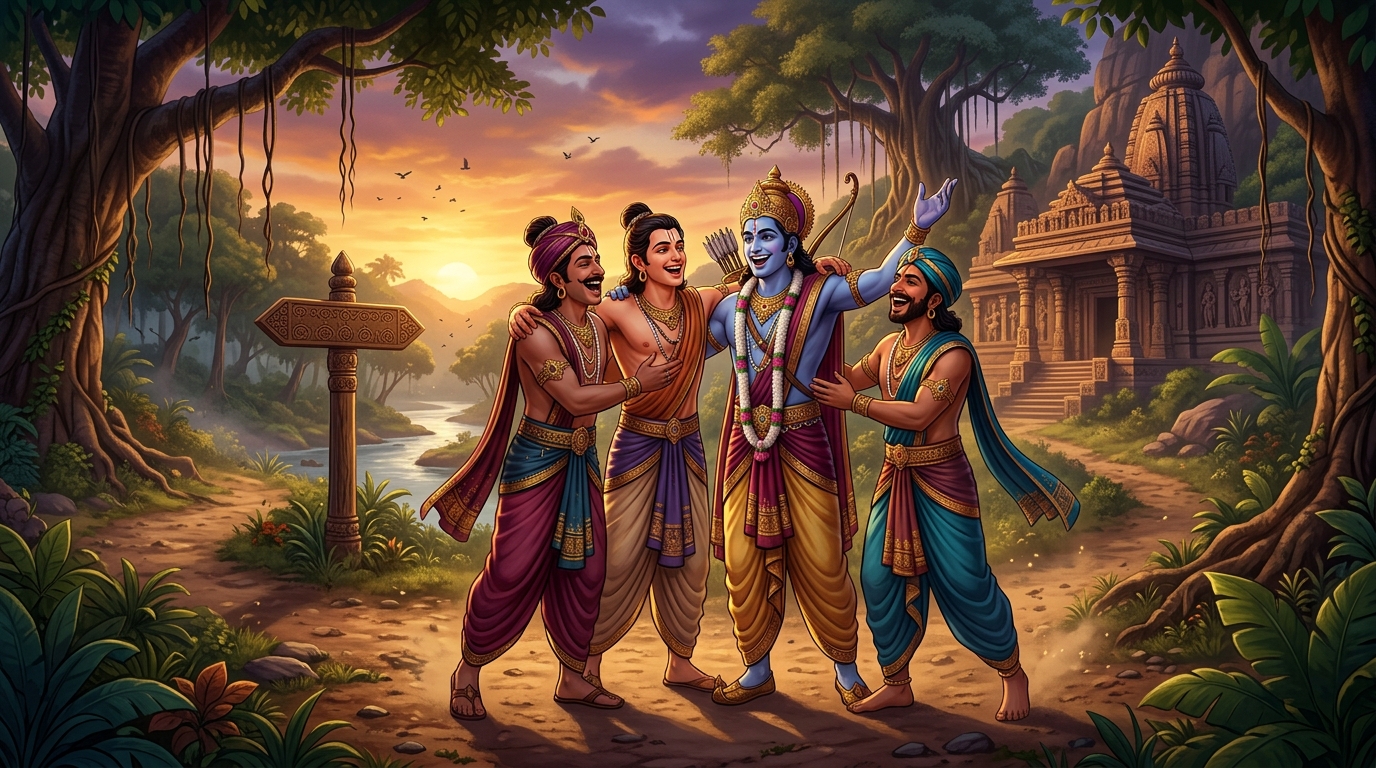 [AI Prompt: Wide shot, the four brothers reuniting at a jungle crossroads, embracing with joy and boasting of their supernatural accomplishments]