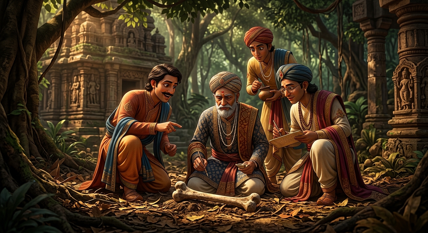 [AI Prompt: Low angle shot, four scholars gathered around a solitary ancient bone lying half-buried in dry forest leaves and dirt, dappled jungle shadows]