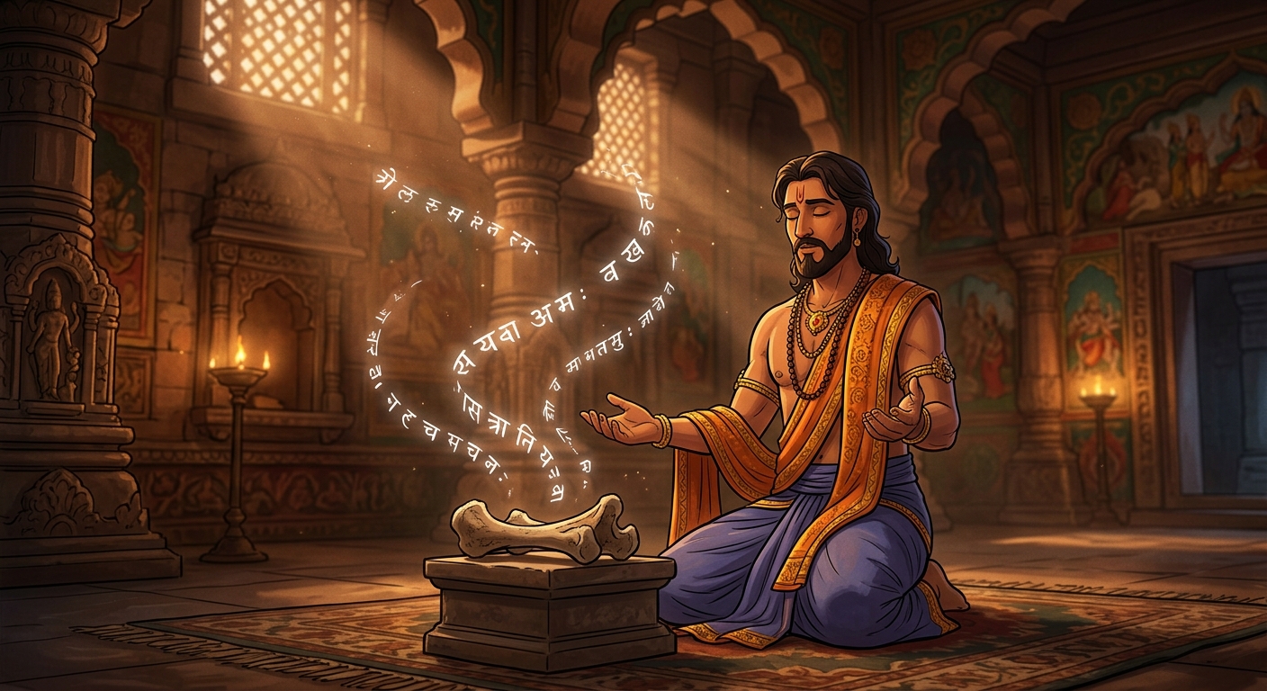 [AI Prompt: Medium shot, eldest brother kneeling with outstretched hands, chanting Vedic incantations, glowing white runes rising from the bone]
