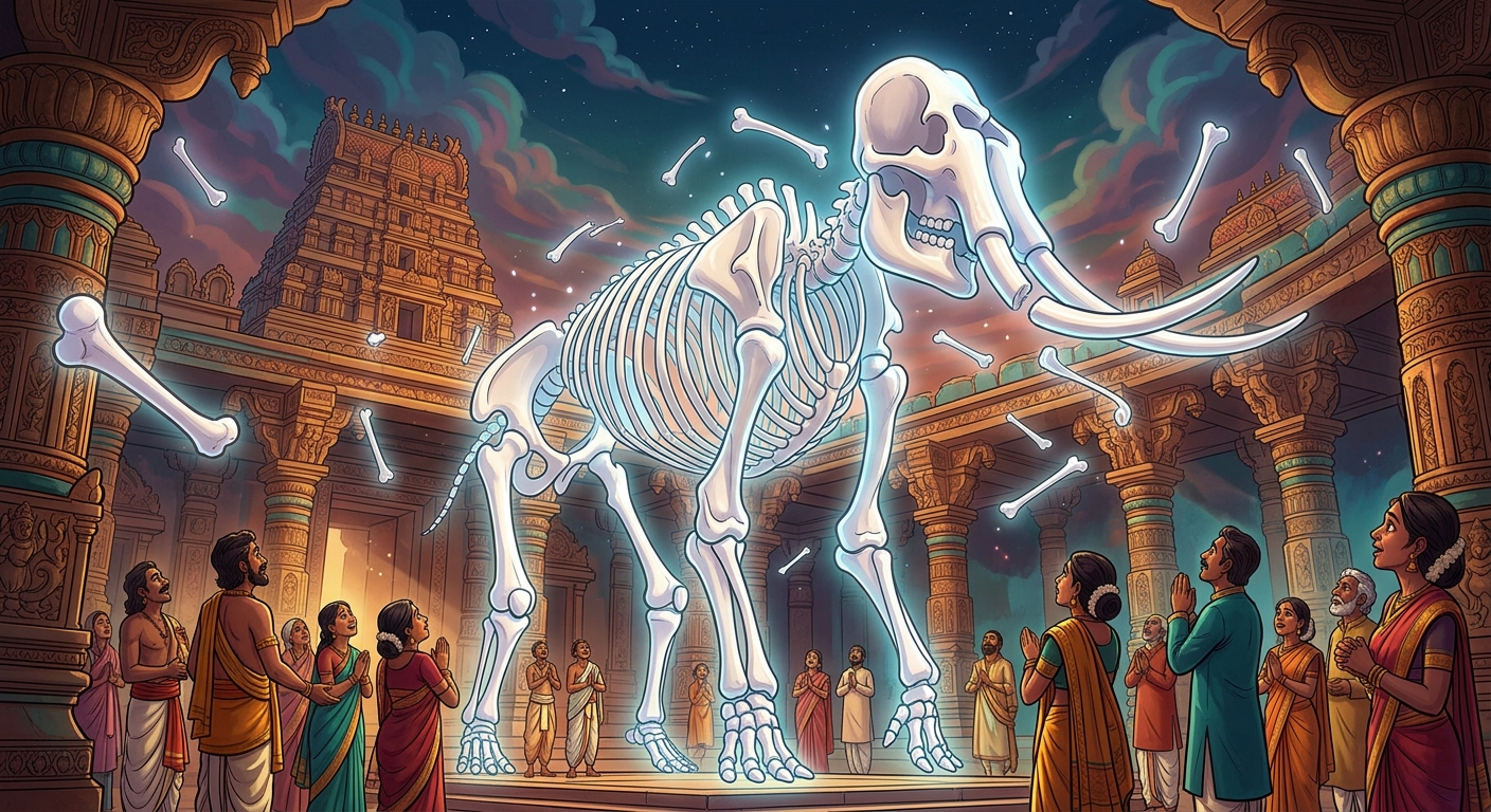[AI Prompt: Dynamic shot, glowing white bones multiplying and locking together in mid-air, forming a colossal elephant/beast skeleton]