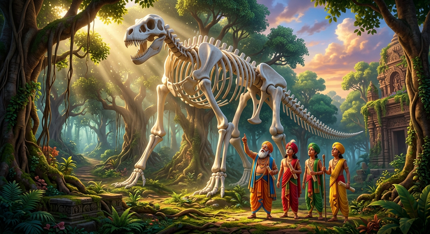 [AI Prompt: Wide angle, four scholars looking up at the towering white bone skeleton standing in the forest clearing, triumphant atmosphere]