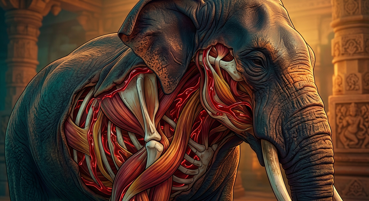 [AI Prompt: Detailed close-up, thick muscular fibers, crimson blood channels, and leathery elephant hide spreading over the skeleton]