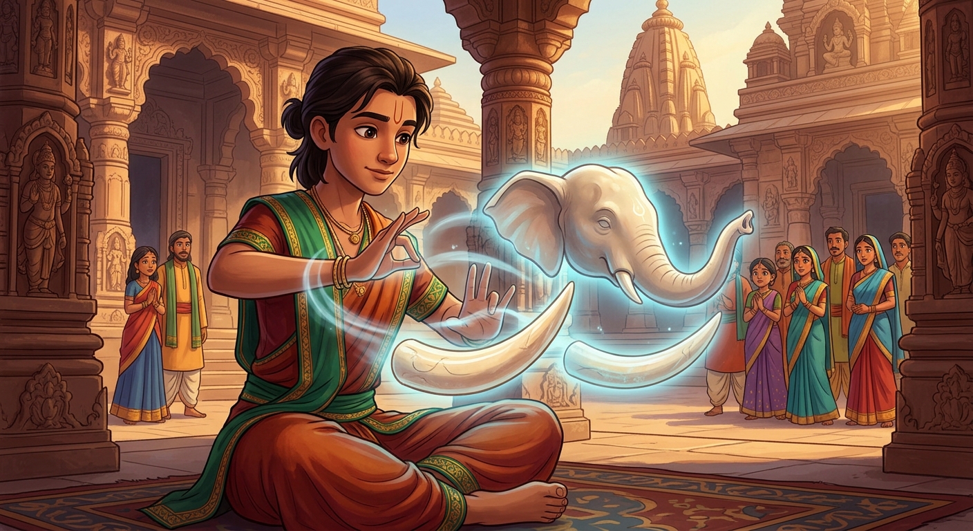 [AI Prompt: Medium shot, third brother gesturing with mystical hand seals, crafting gleaming ivory tusks, realistic eyes, ears, and trunk]