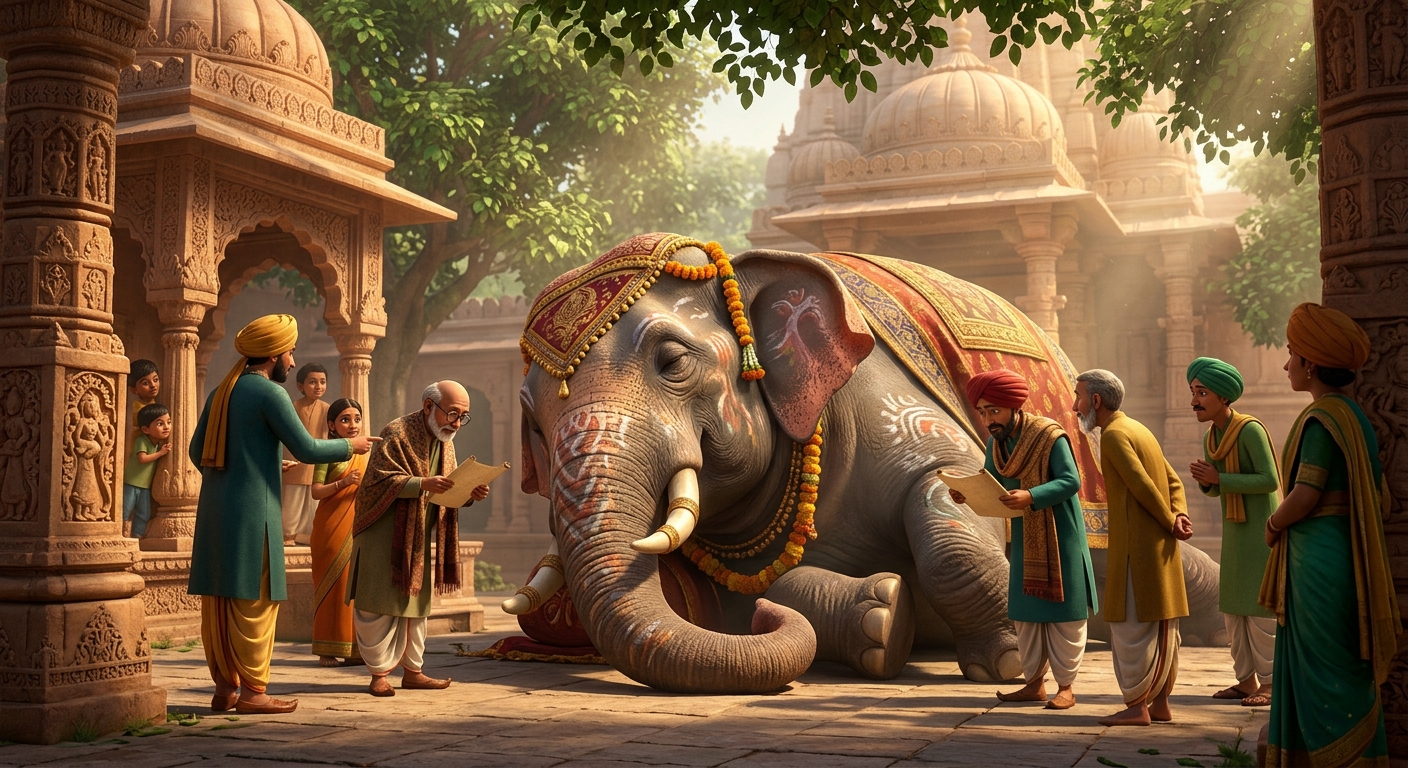 [AI Prompt: Wide shot, an enormous realistic elephant lying motionless in the clearing, lifelike yet inert like a statue, scholars examining it]
