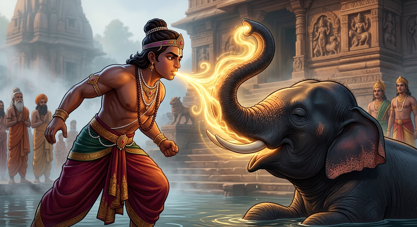 [AI Prompt: Dynamic shot, fourth brother breathing golden glowing stream of Prana directly into the elephant's trunk and nostrils, blinding divine light]