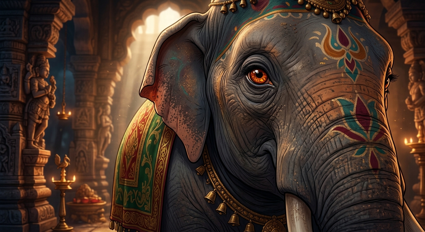 [AI Prompt: Close-up of the elephant's eye snapping open with deep amber consciousness, chest expanding with a thunderous deep breath]