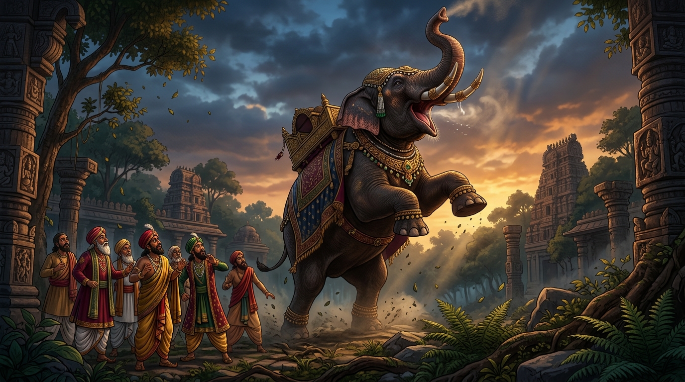 [AI Prompt: Wide epic panel, colossal elephant rearing on its hind legs, trumpeting loudly into the sky, forest leaves trembling, scholars watching in awe]