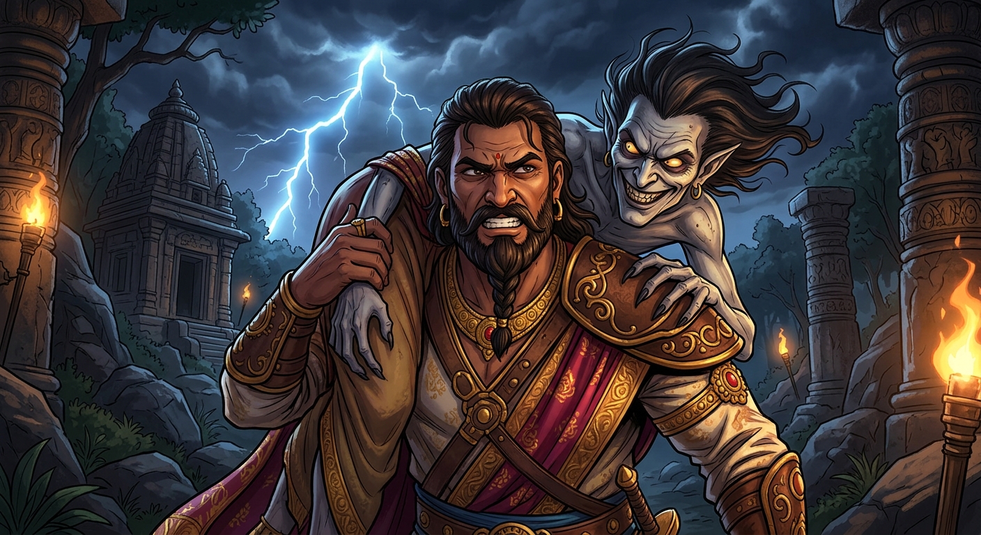 [AI Prompt: Close-up, Betal's eerie face grinning knowingly on King Vikram's shoulder under flashing lightning]