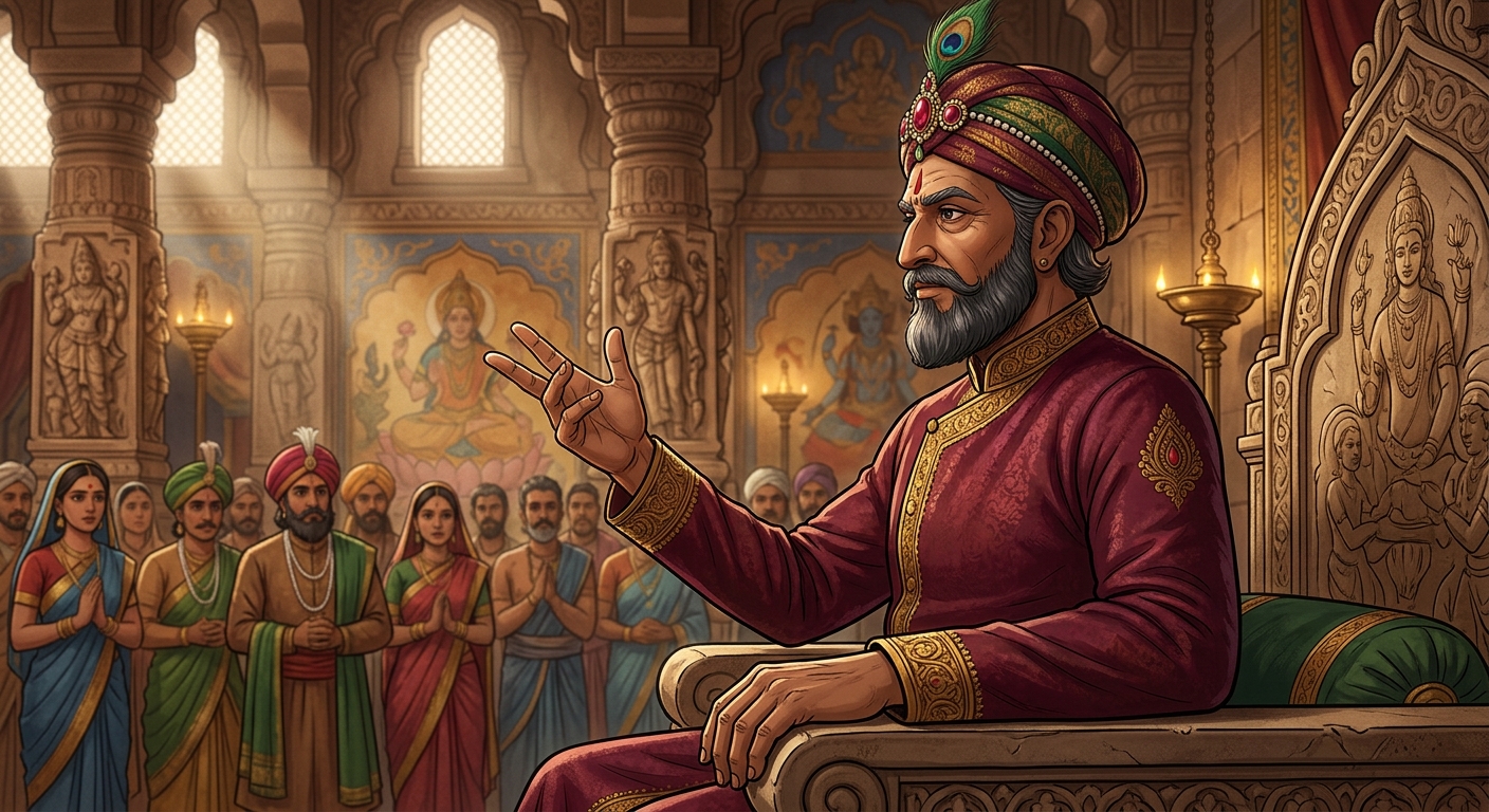 [AI Prompt: Close-up of King Vikramaditya delivering his verdict with serene majesty and unwavering moral authority]