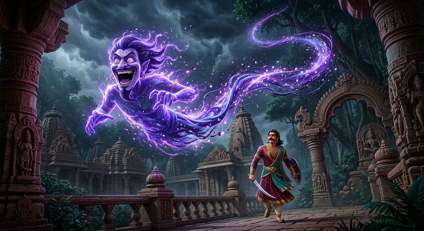 [AI Prompt: Dynamic shot, Betal cackling wildly as his ghost form dissolves into swirling violet sparks and flies away into the stormy canopy]