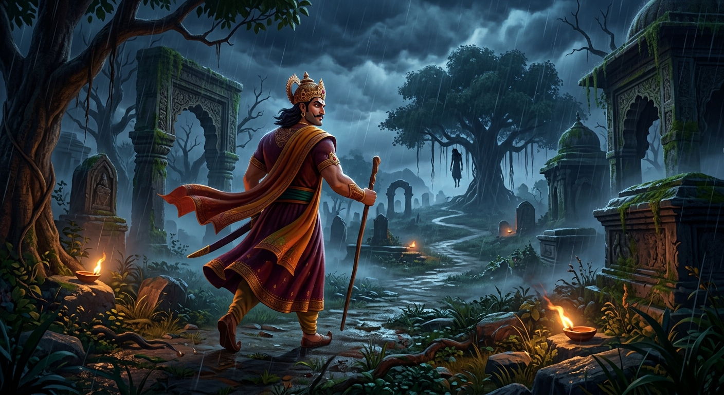 [AI Prompt: Wide shot, King Vikramaditya walking fearlessly back into the stormy cemetery to recapture the corpse once again]