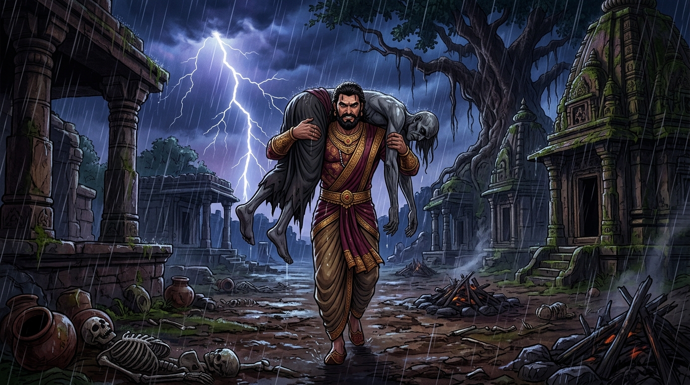 [AI Prompt: Cinematic wide shot, torrential rain and fierce lightning over the haunted cremation grounds, King Vikramaditya carrying the corpse Betal across his muscular shoulders with resolute dignity, dark fantasy Indian comic art style]