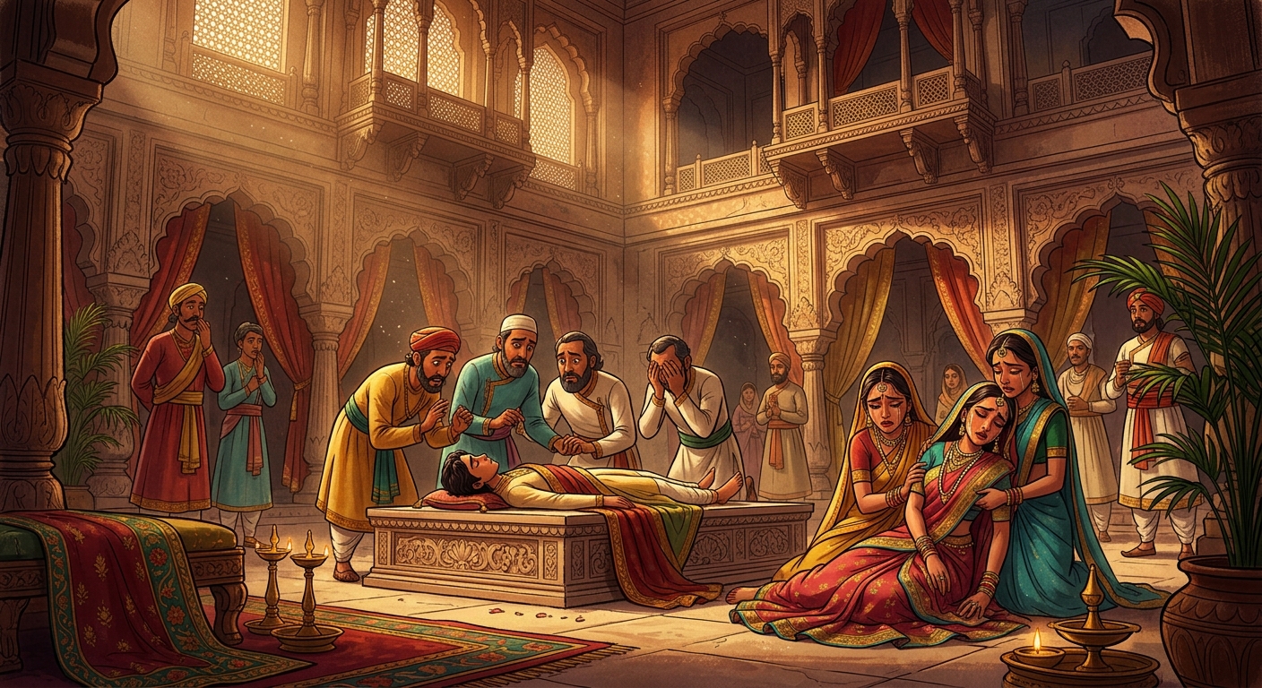 [AI Prompt: Dramatic wide shot, the sudden tragic demise of the young prince in the royal palace, court physicians helpless, mourning queen]
