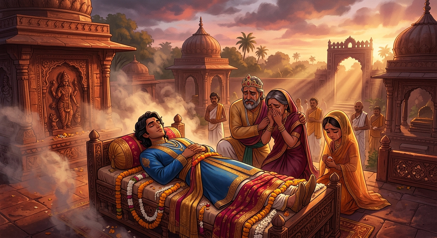 [AI Prompt: High angle shot, the handsome young prince laid out on a fragrant sandalwood bier in the cremation ground, weeping parents and young veiled princess]