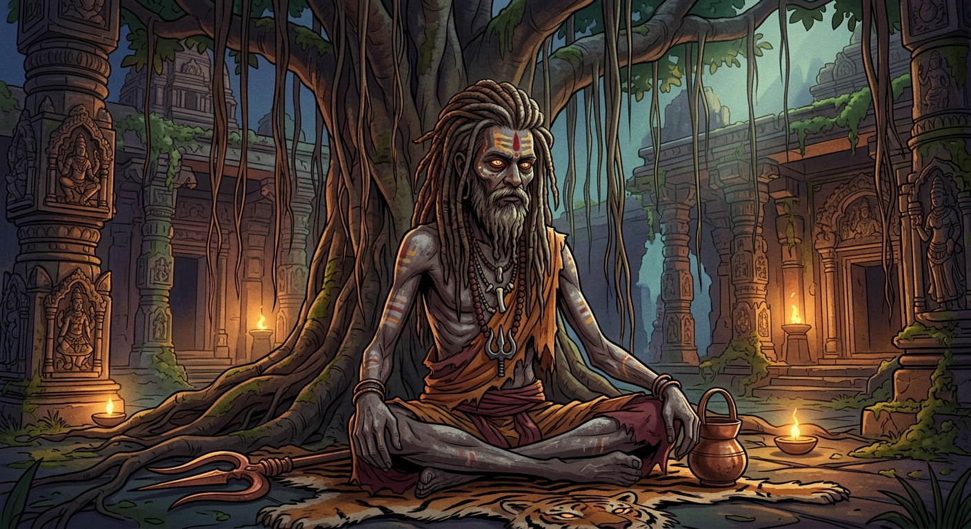 [AI Prompt: Atmospheric medium shot, an ancient emaciated Aghori yogi with matted dreadlocks, ash-smeared skin, and penetrating luminous eyes sitting beneath a banyan tree]