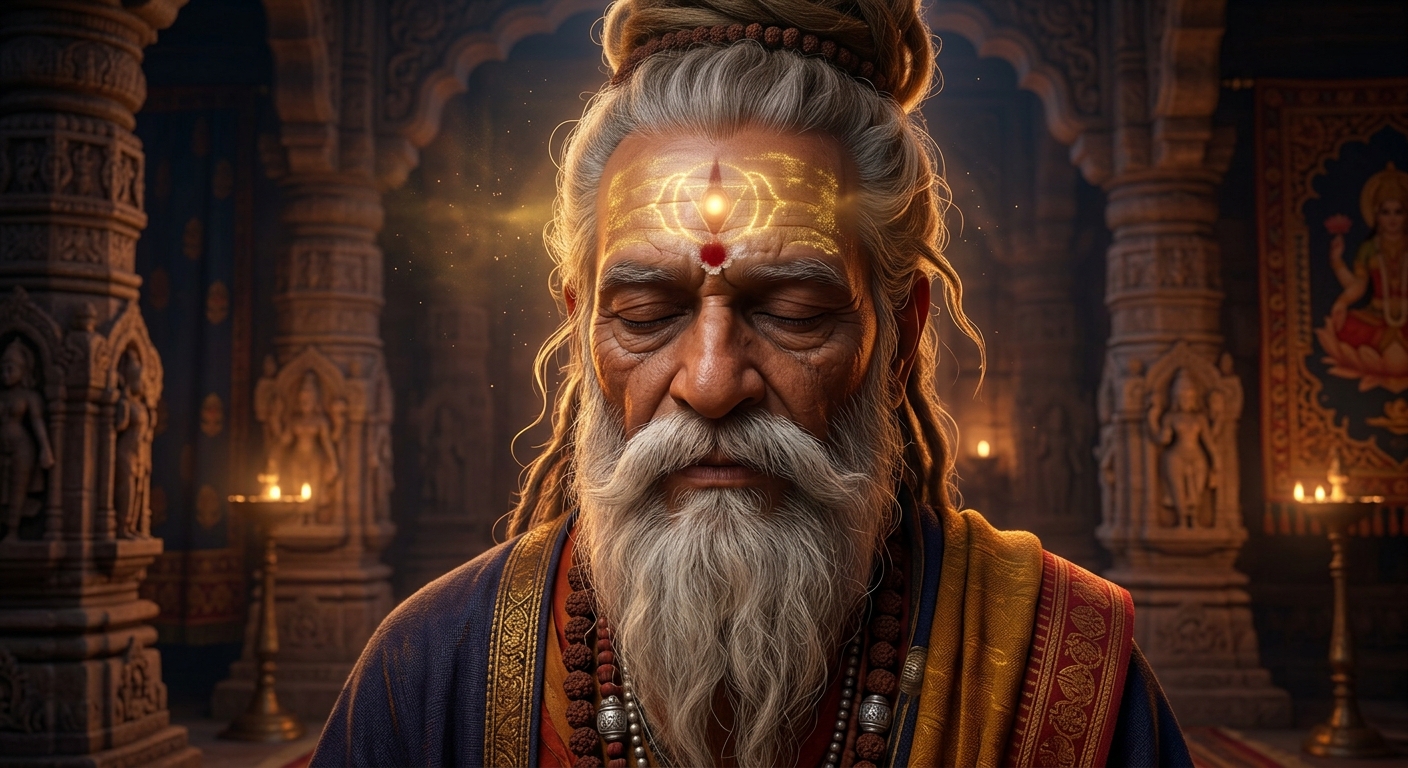 [AI Prompt: Mystical close-up of the old yogi's third eye chakra glowing with subtle golden occult light, remembering his ancient Siddhis]
