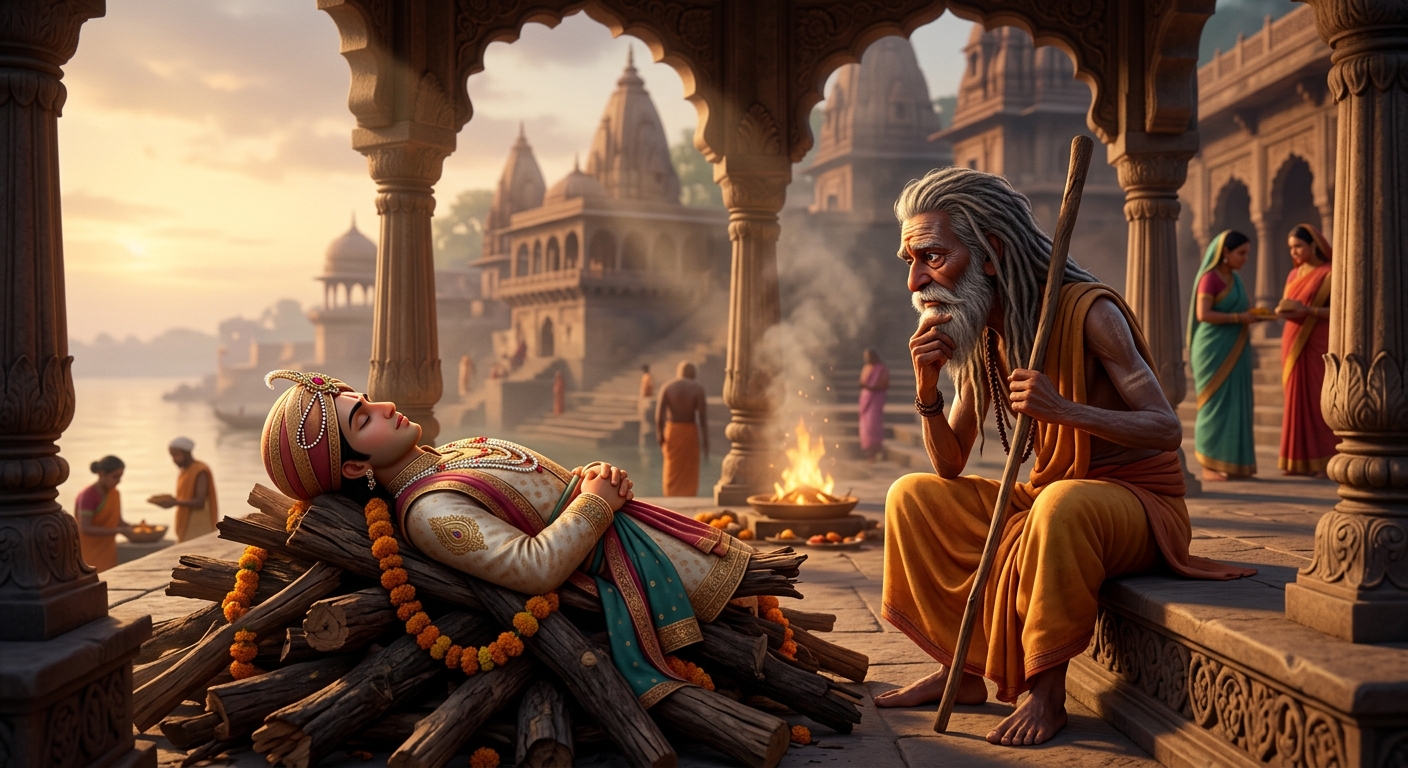 [AI Prompt: The old yogi looking at the fresh, handsome corpse of the prince on the pyre, a profound spark of thought lighting his aged face]