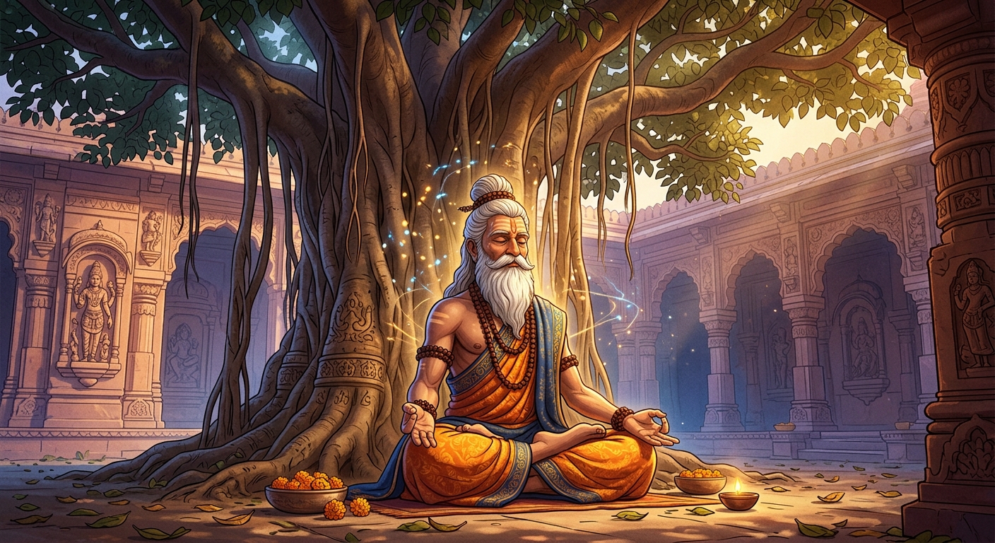 [AI Prompt: Medium shot, the old yogi assuming the Padmasana lotus posture beneath the banyan tree, preparing for the soul transference]