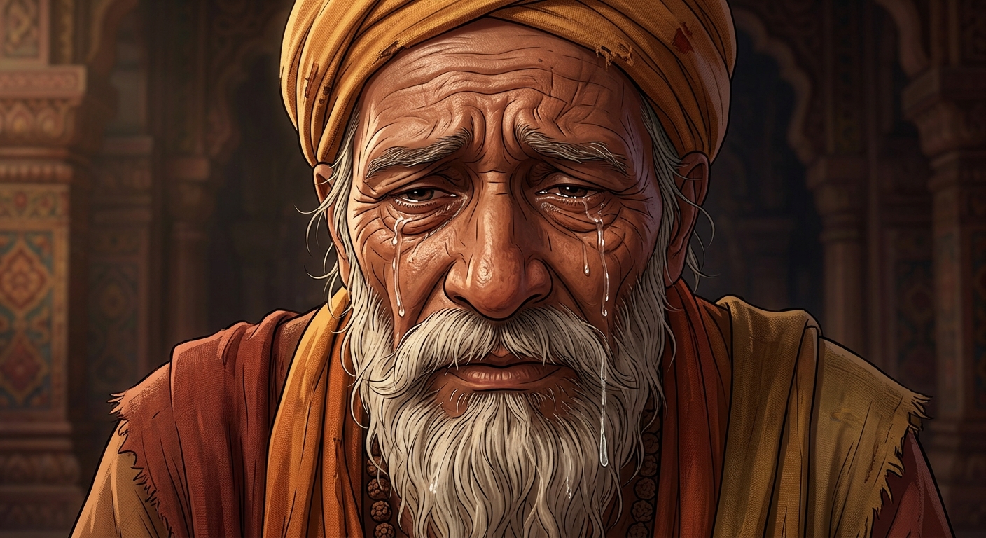 [AI Prompt: Close-up of the old yogi's wrinkled face, sudden tears streaming down his withered cheeks in deep, sorrowful weeping]
