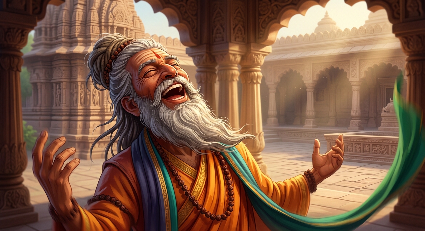 [AI Prompt: Dynamic close-up, the old yogi suddenly bursting into wild, ecstatic, triumphant laughter, head tilted back in joy]