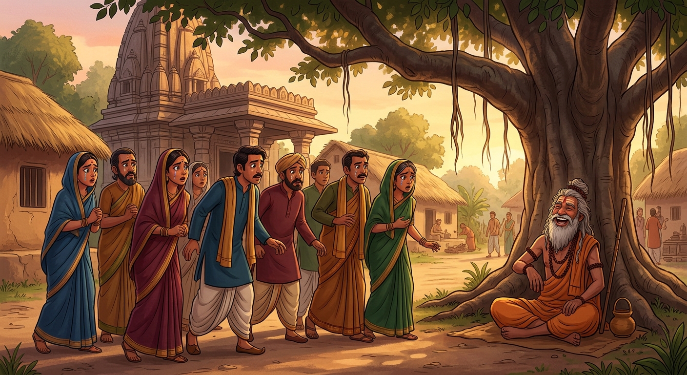 [AI Prompt: Medium shot, the weeping mourners turning in shock and bewilderment toward the laughing ascetic beneath the banyan tree]