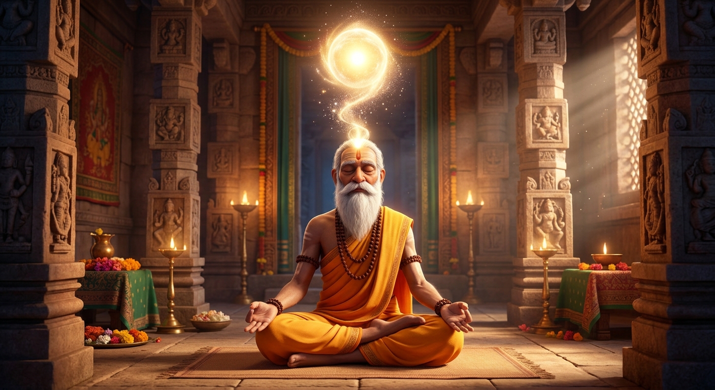 [AI Prompt: Mystical visual, radiant golden soul-orb of consciousness exiting the crown chakra (Brahmarandhra) of the old yogi's body]