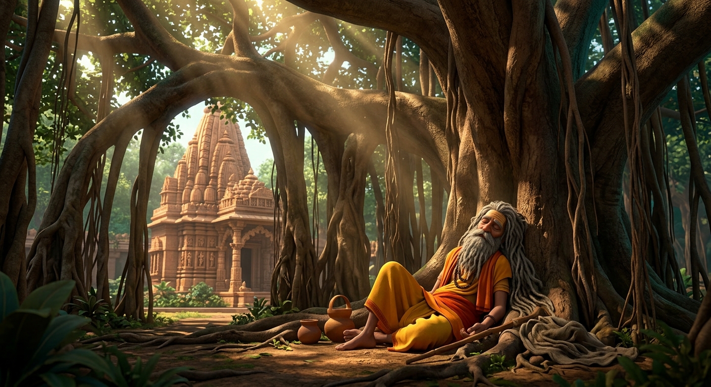 [AI Prompt: The old ascetic's body collapsing lifeless like a discarded garment beneath the banyan tree]
