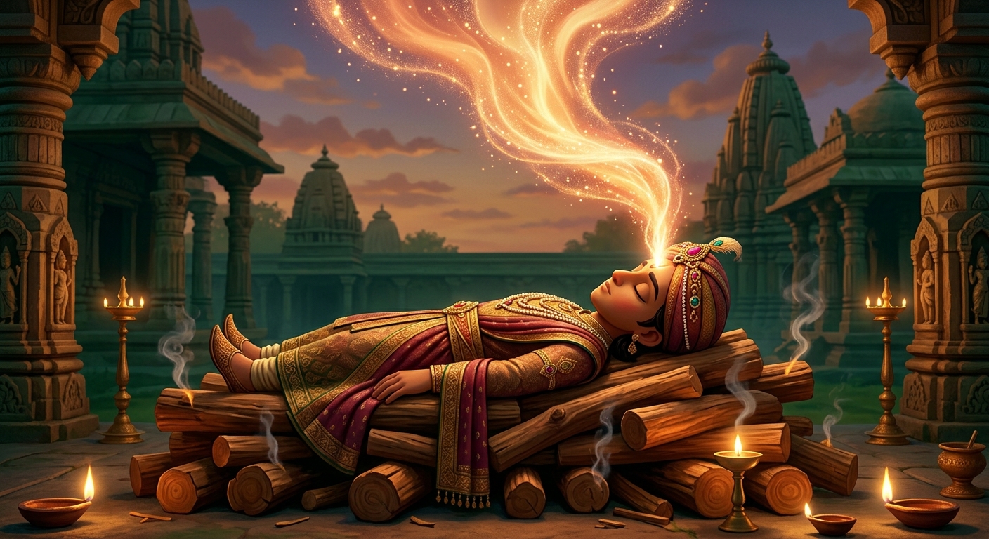 [AI Prompt: Dynamic mystical shot, radiant golden soul-energy entering the forehead and crown of the dead prince lying on the sandalwood pyre]
