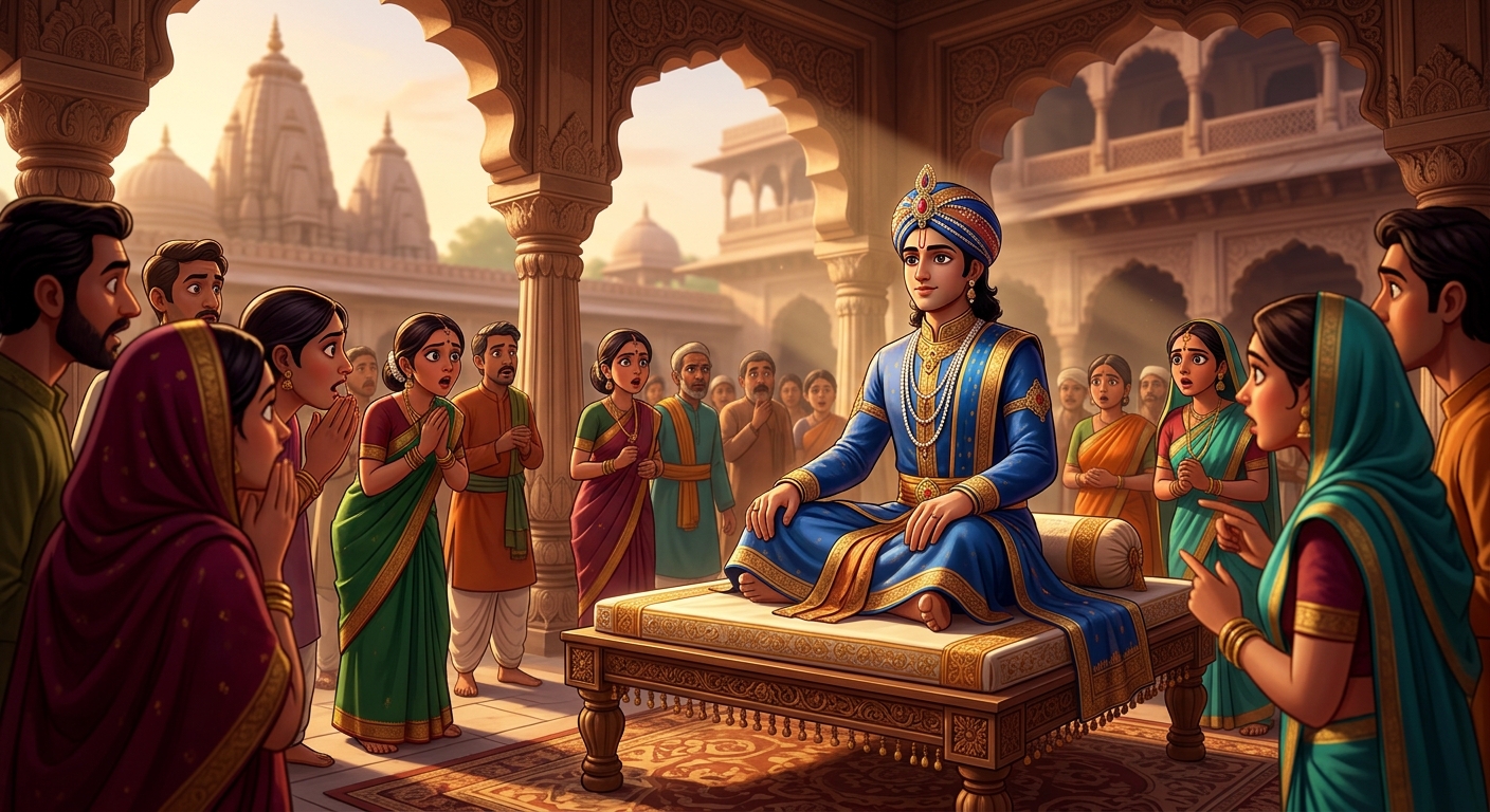 [AI Prompt: Medium shot, the reanimated prince sitting up gracefully on the sandalwood bier, looking around at the astonished crowd with serene calm]
