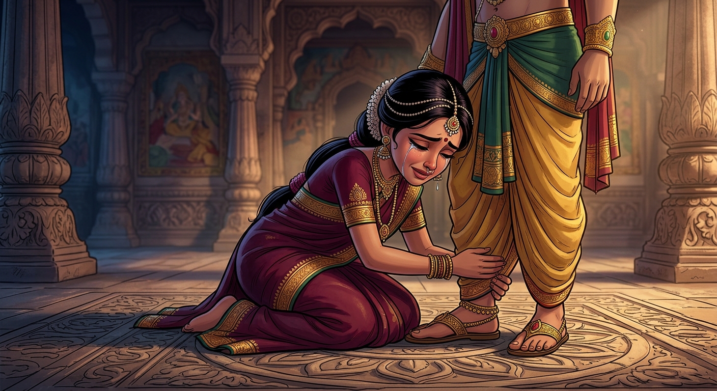 [AI Prompt: Emotional close-up, the young princess weeping with relief, embracing the feet of her revived husband with boundless devotion]