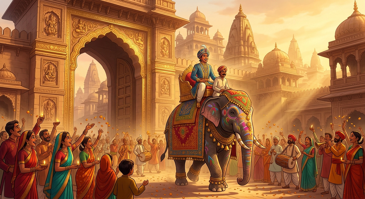 [AI Prompt: Grand procession shot, the reanimated prince riding atop a decorated royal elephant back into the sunlit golden gates of Shobhavati city]