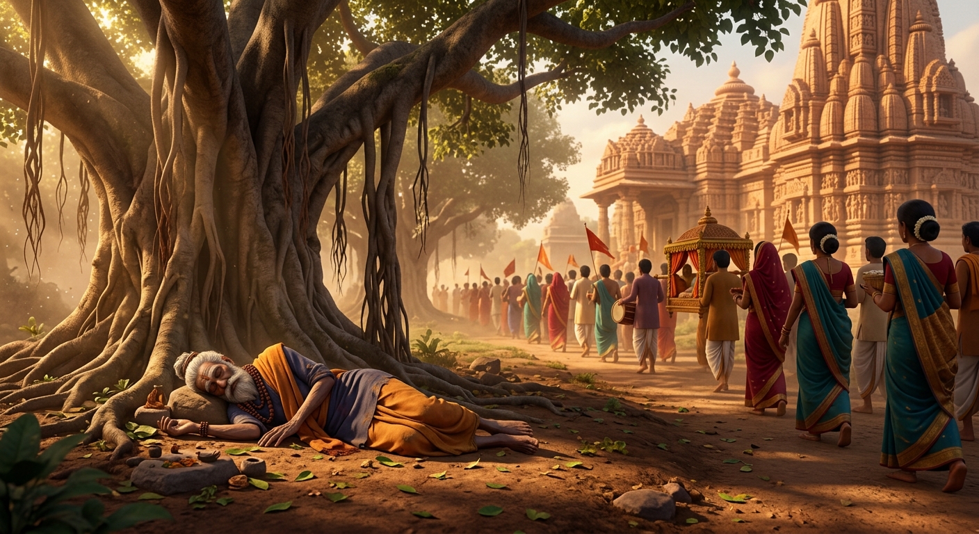 [AI Prompt: Melancholic shot, the old discarded body of the yogi lying forgotten in the dust beneath the banyan tree as the procession departs]